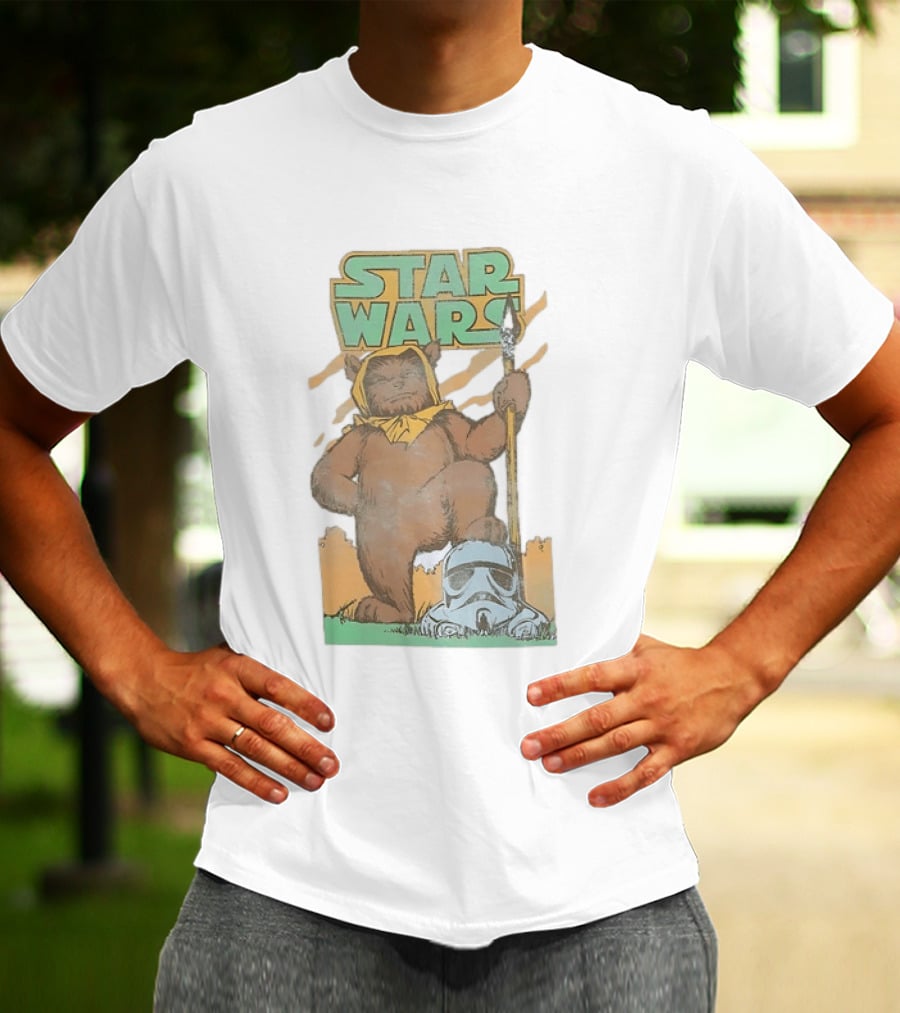 Star Wars Ewok Holding Spear With Stormtrooper Helmet T-Shirt