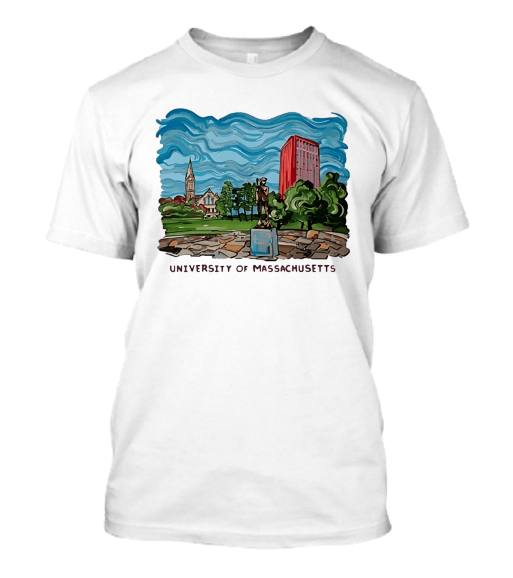 University Of Massachusetts Landmark Campus Scene Tower And Trees T-Shirt