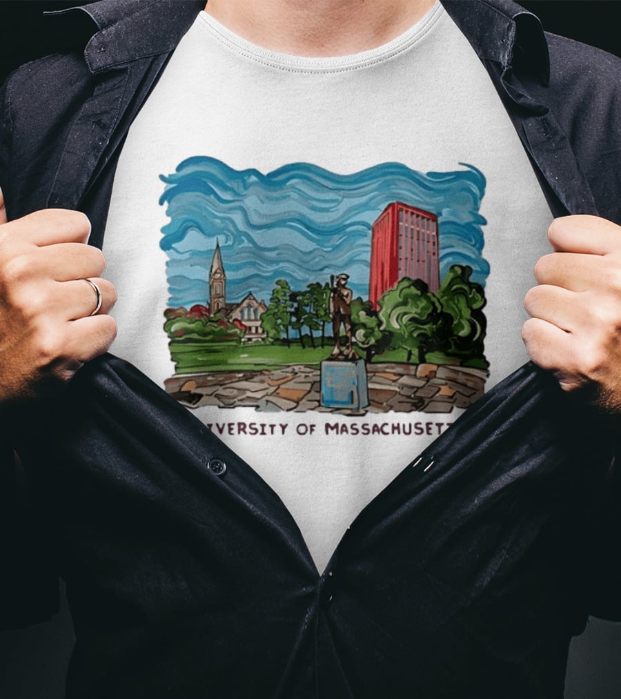 University Of Massachusetts Landmark Campus Scene Tower And Trees T-Shirt