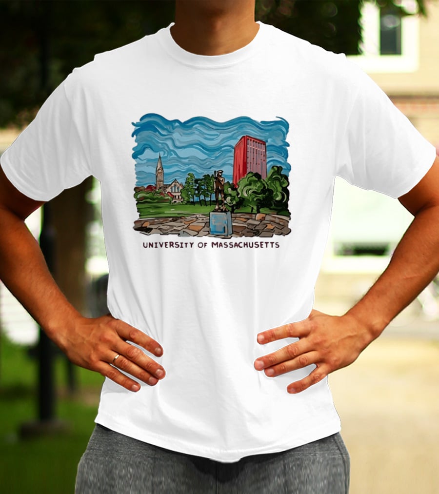 University Of Massachusetts Landmark Campus Scene Tower And Trees T-Shirt