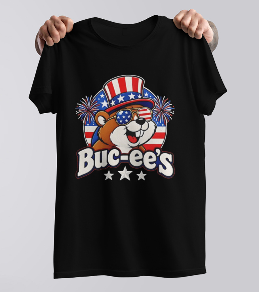 Buc Ee's Patriotic Beaver Fireworks Hat And Sunglasses Celebration T-Shirt