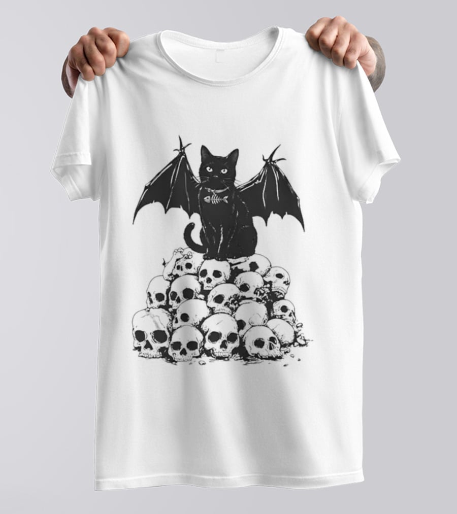 Black Bat Cat Sitting On Human Skulls T-Shirt