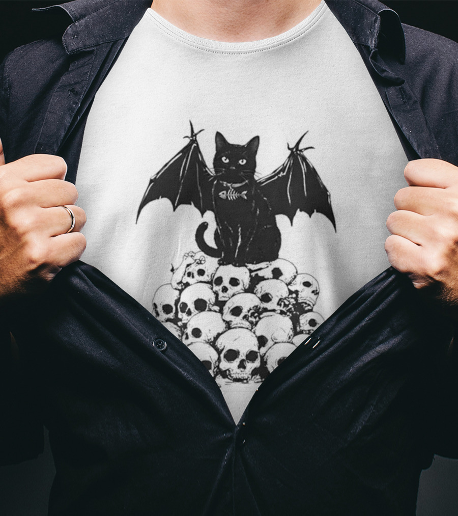 Black Bat Cat Sitting On Human Skulls T-Shirt
