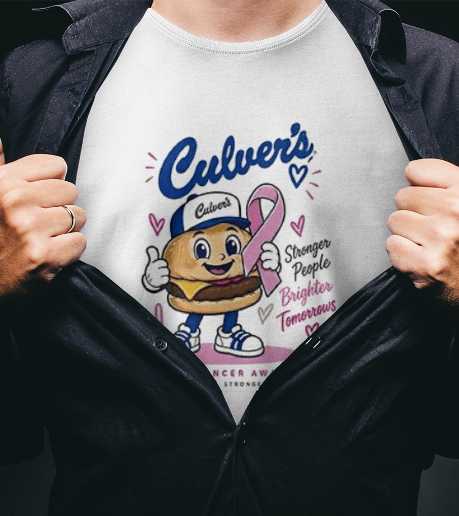 Culver's Breast Cancer Awareness Stronger People Brighter Tomorrows Burger Character With Pink Ribbon T-Shirt