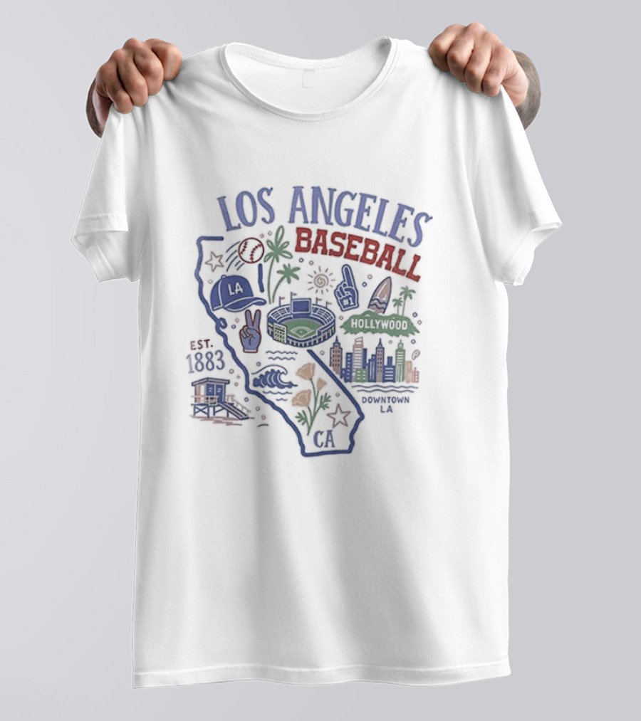 Los Angeles Baseball Est 1883 California Map Stadium And Poppy Flowers T-Shirt