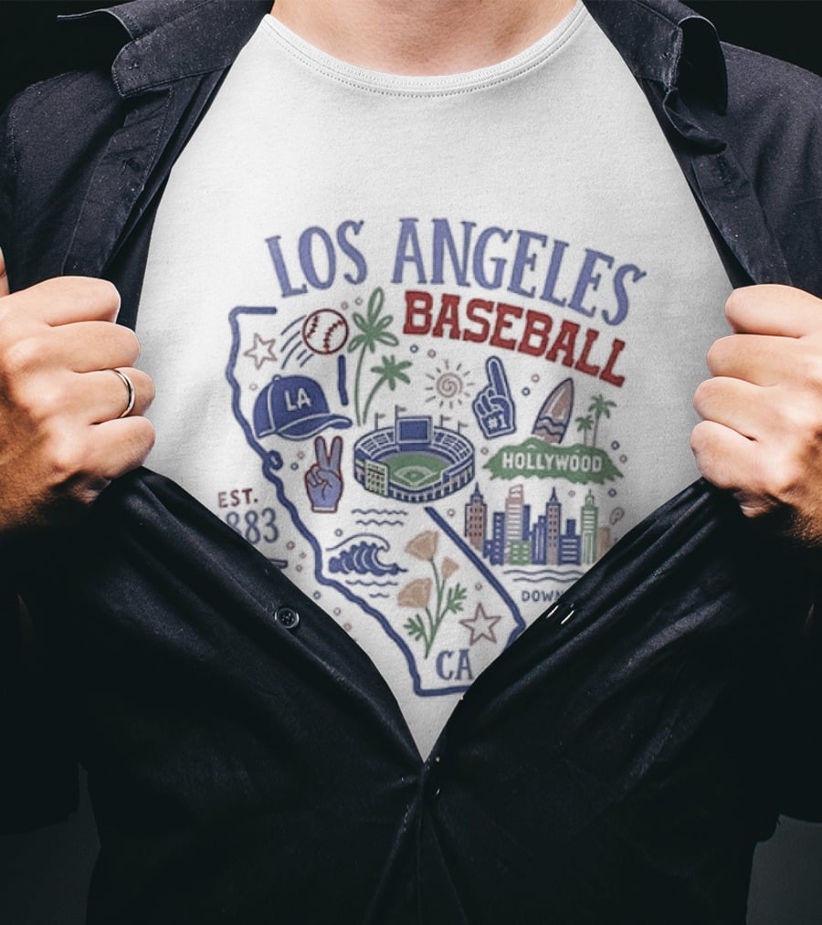 Los Angeles Baseball Est 1883 California Map Stadium And Poppy Flowers T-Shirt