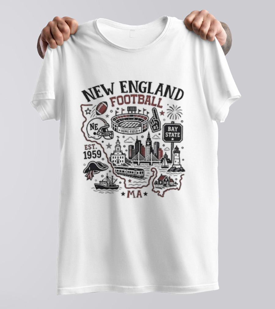 New England Football Est 1959 Massachusetts Map Stadium T-Shirt