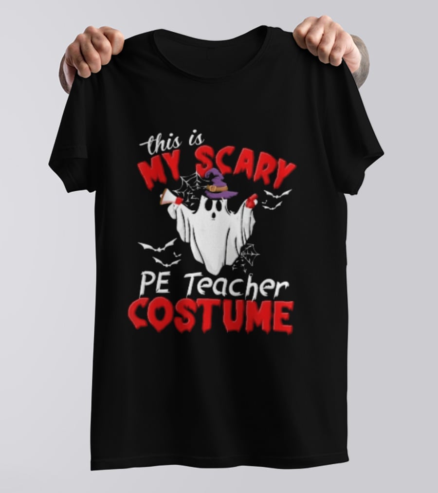 Scary PE Teacher Costume Ghost Witch Hat Whistle Megaphone Halloween T-Shirt