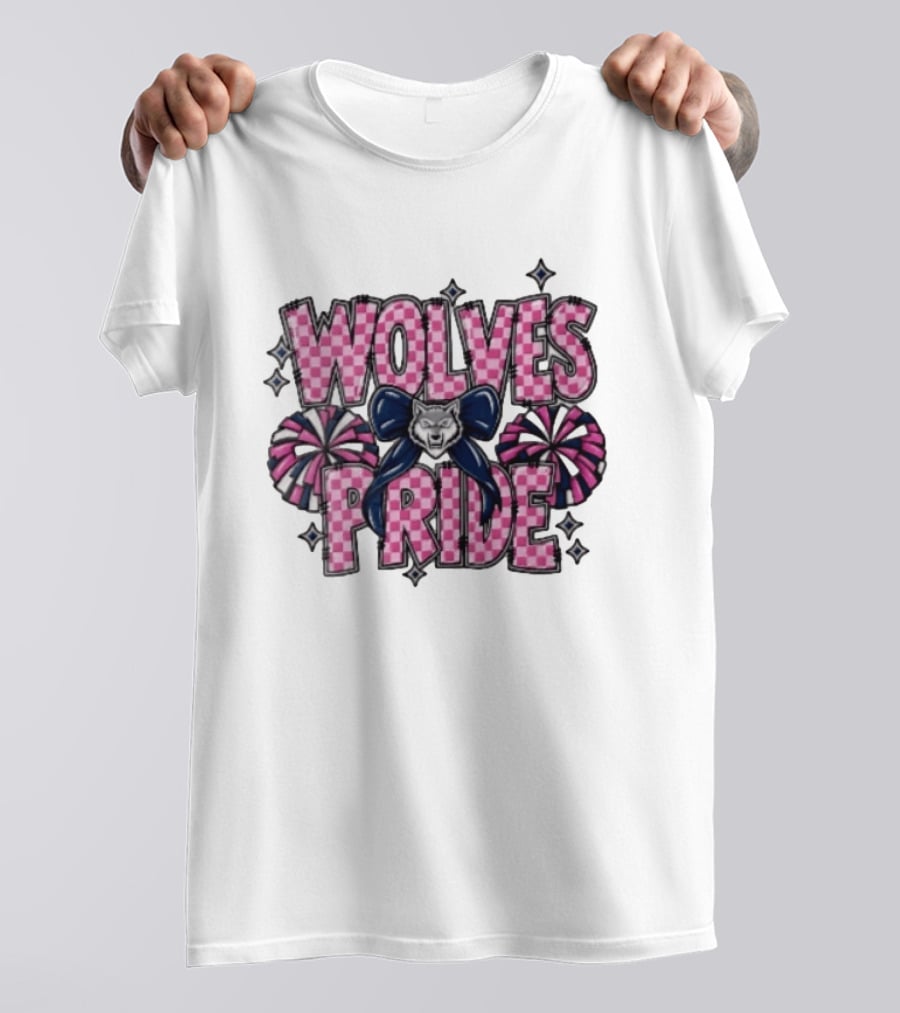 Wolves Pride Pink Checkered Cheerleading Pompoms And Wolf Bow T-Shirt