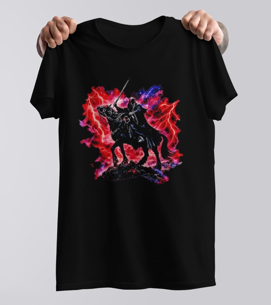 Grim Reaper On Horse With Lightning And Cosmic Galaxy T-Shirt