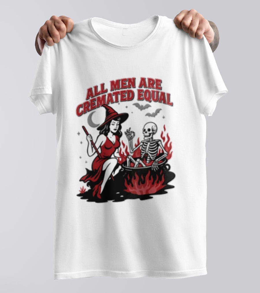 All Men Are Cremated Equal Witch Skeleton Cauldron Halloween T-Shirt