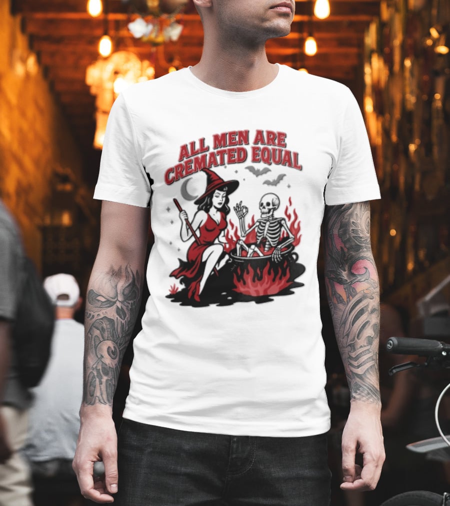 All Men Are Cremated Equal Witch Skeleton Cauldron Halloween T-Shirt