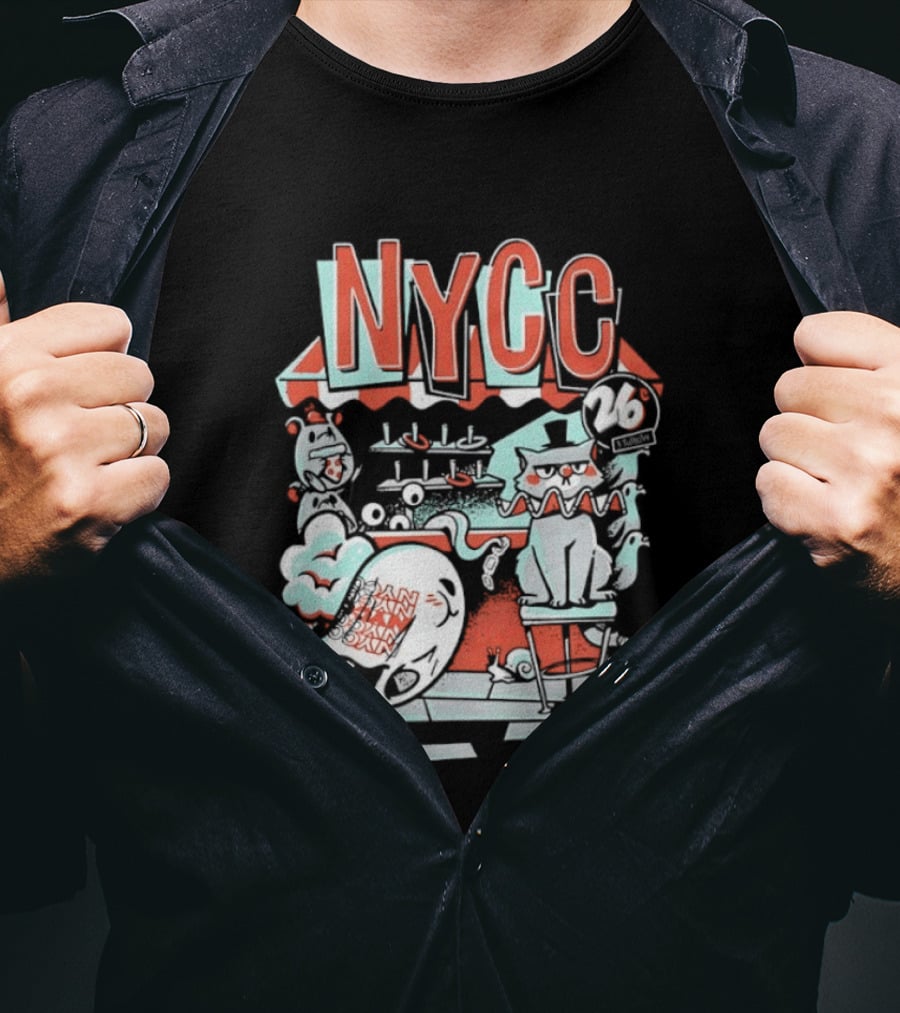 NYCC 26 Cent 1 Throw Carnival Cat Retro Style Comic Fairground Fun T-Shirt