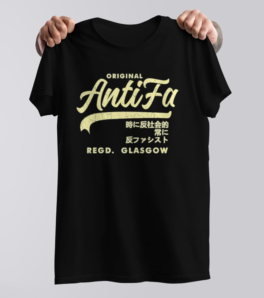 Original AntiFa Regd Glasgow Distressed Japanese Text Anti Fascist T-Shirt