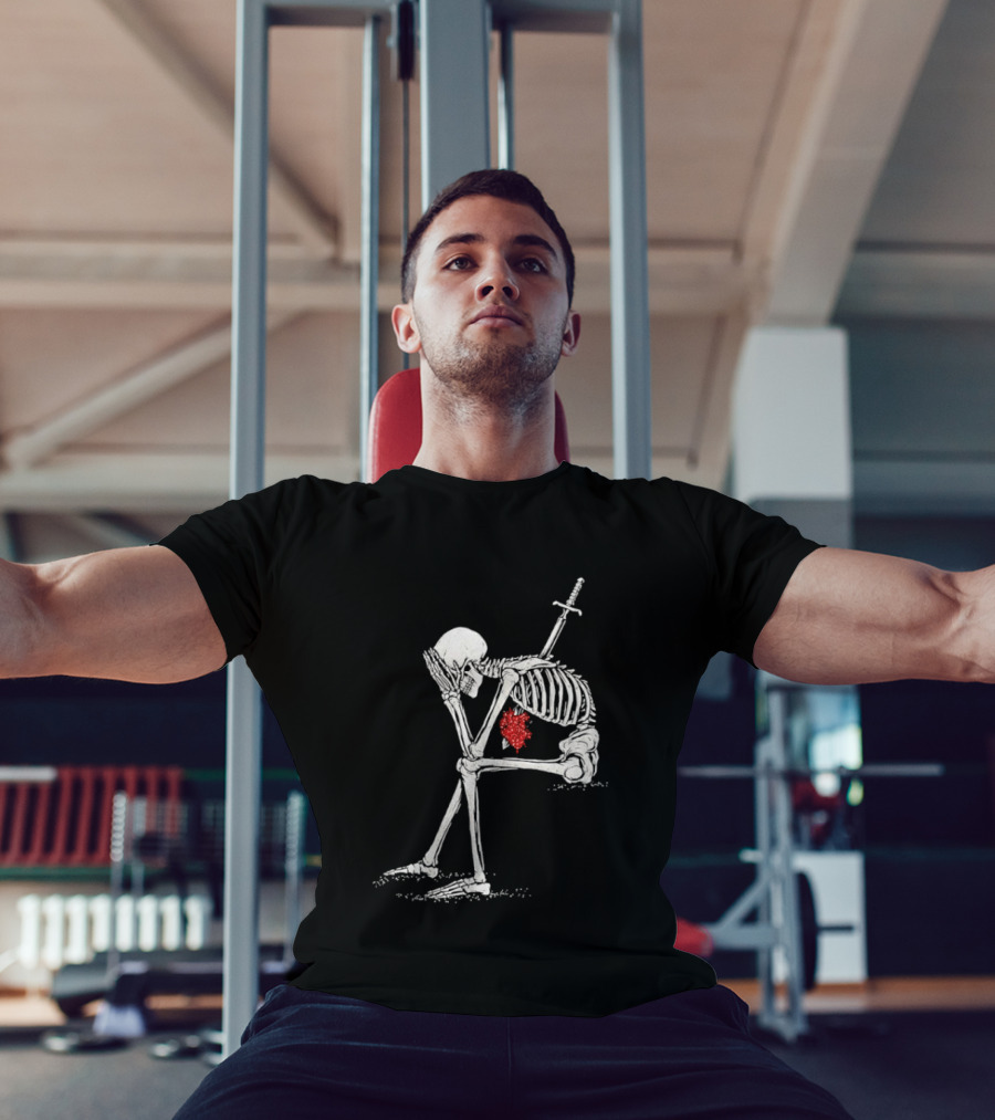 Sad Skeleton With Sword And Bleeding Heart Drawing T-Shirt