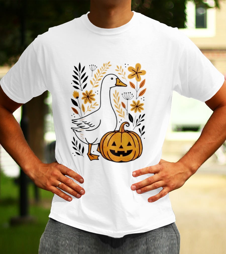 Pumpkin Jack O Lantern Goose Fall Farmhouse Floral Halloween T-Shirt