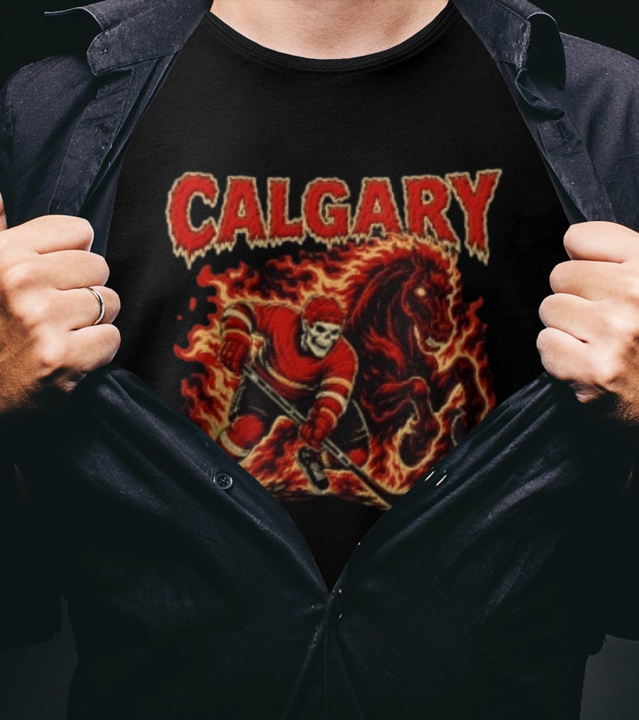 Calgary Flames Skeleton Hockey Player With Fiery Horse T-Shirt