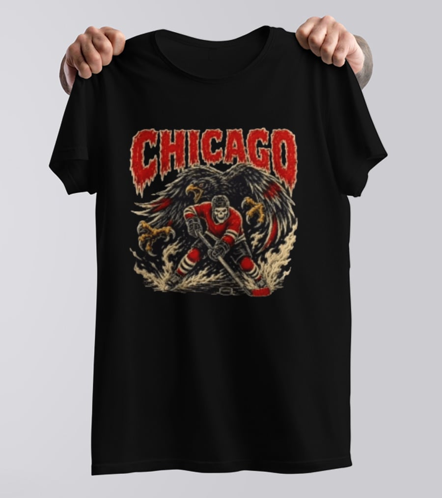 Chicago Blackhawks Skeleton Hockey Player With Hawk Wings T-Shirt