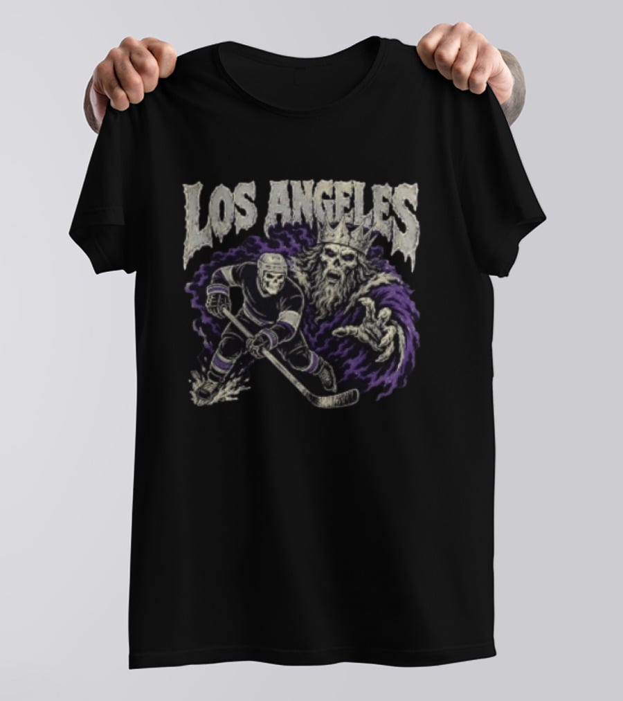 Los Angeles Kings Skeleton Hockey Player With Crowned King In Purple Cloak T-Shirt