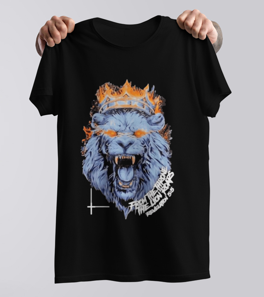 From The Throne The Lion Roars Revelation 5 5 Blue Flame Crown Lionhead T-Shirt