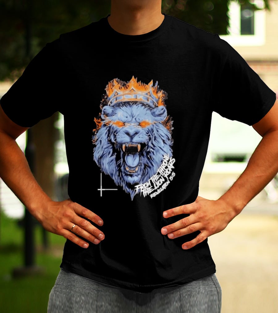 From The Throne The Lion Roars Revelation 5 5 Blue Flame Crown Lionhead T-Shirt
