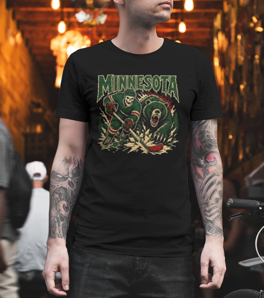 Minnesota Hockey Skeleton With Bear T-Shirt