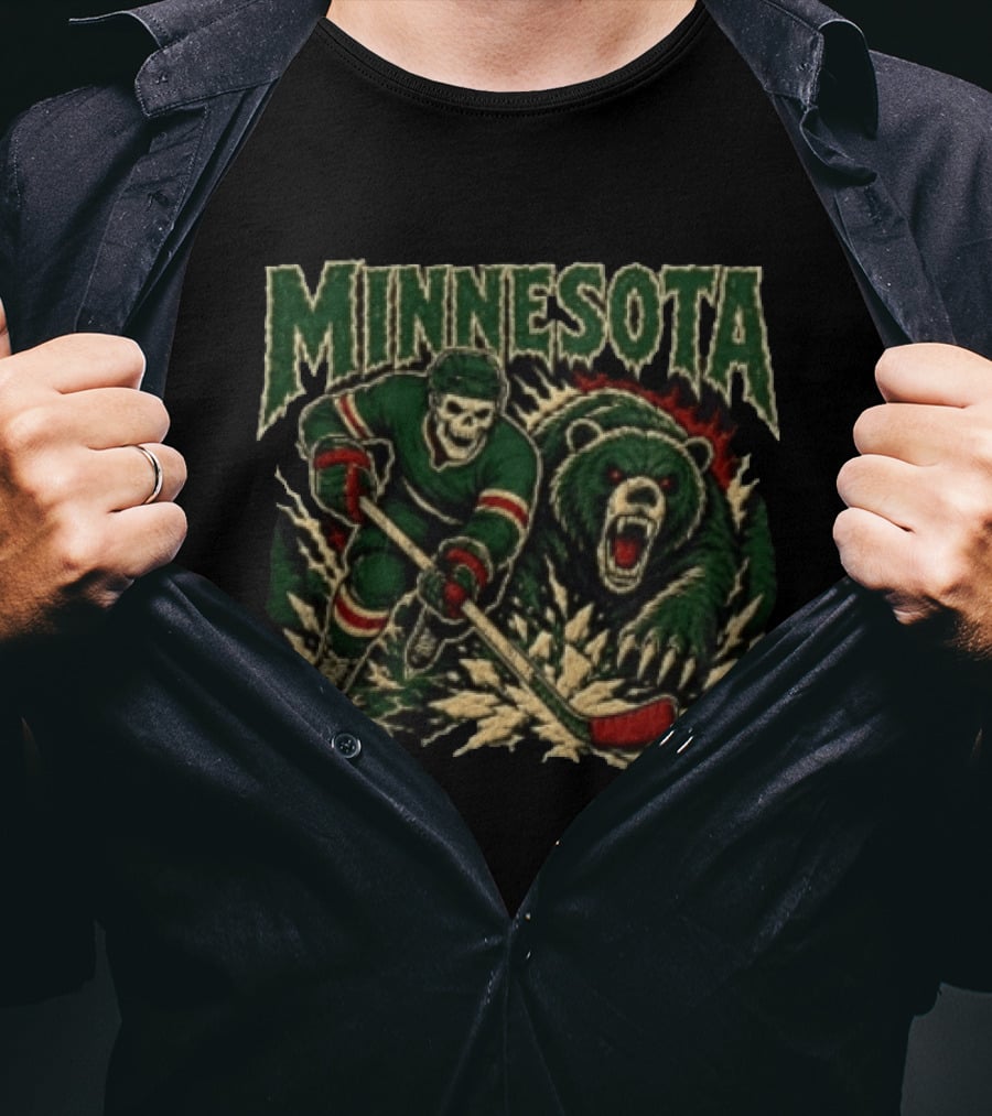 Minnesota Hockey Skeleton With Bear T-Shirt