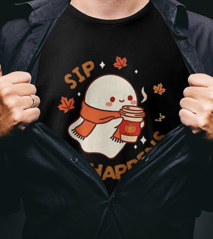 Sip Happens Ghost Pumpkin Spice Latte With Leaves And Scarf T-Shirt