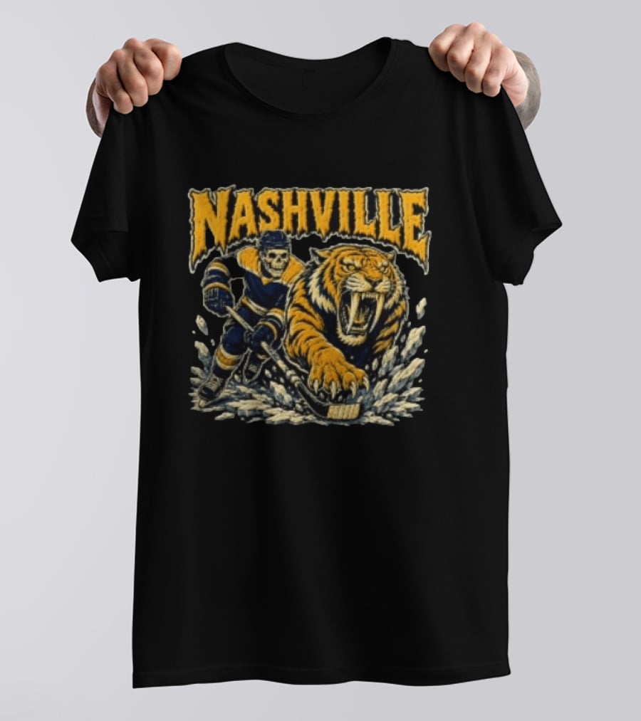 Nashville Hockey Skeleton Player With Fierce Tiger T-Shirt