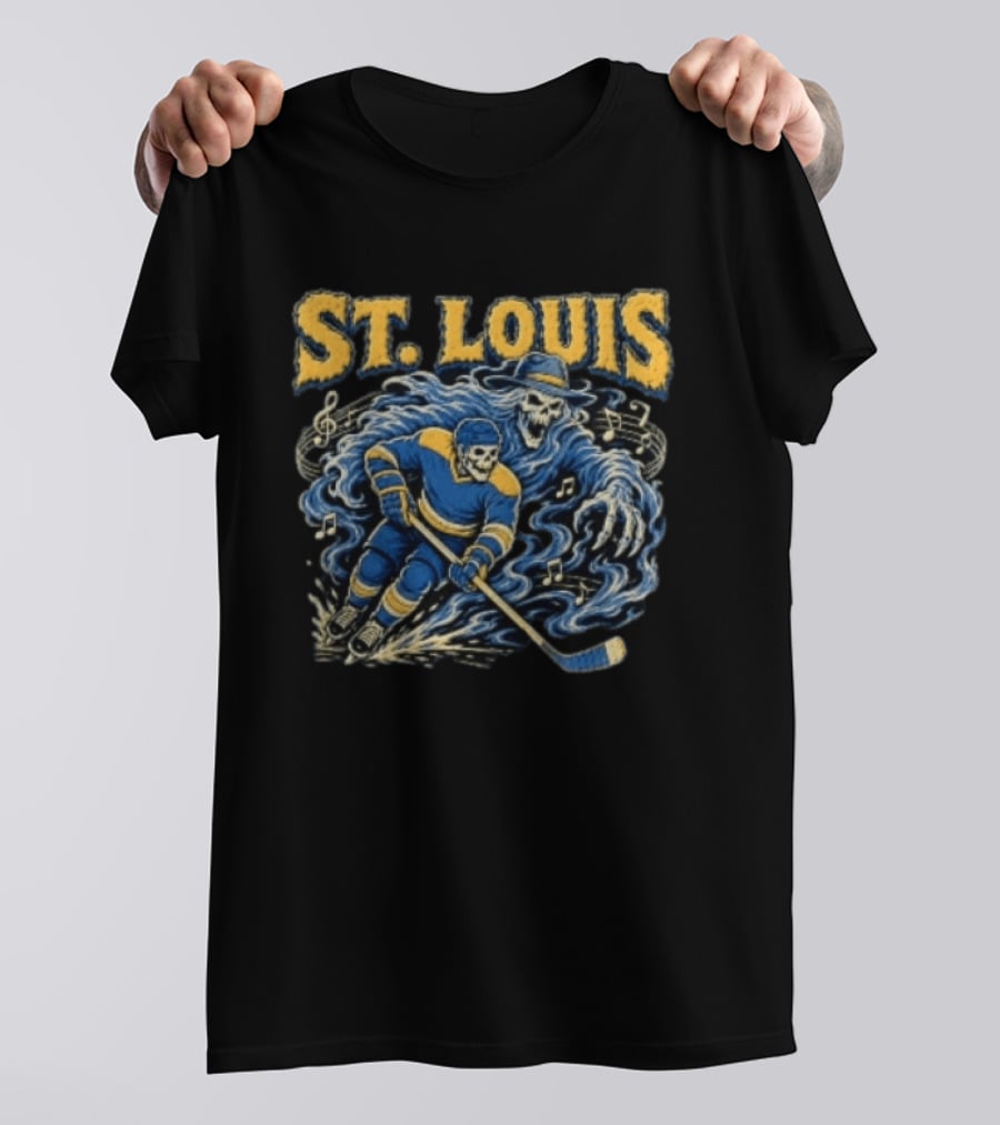 St. Louis Blues Hockey Skeleton Player With Music Notes And Ghostly Figure T-Shirt