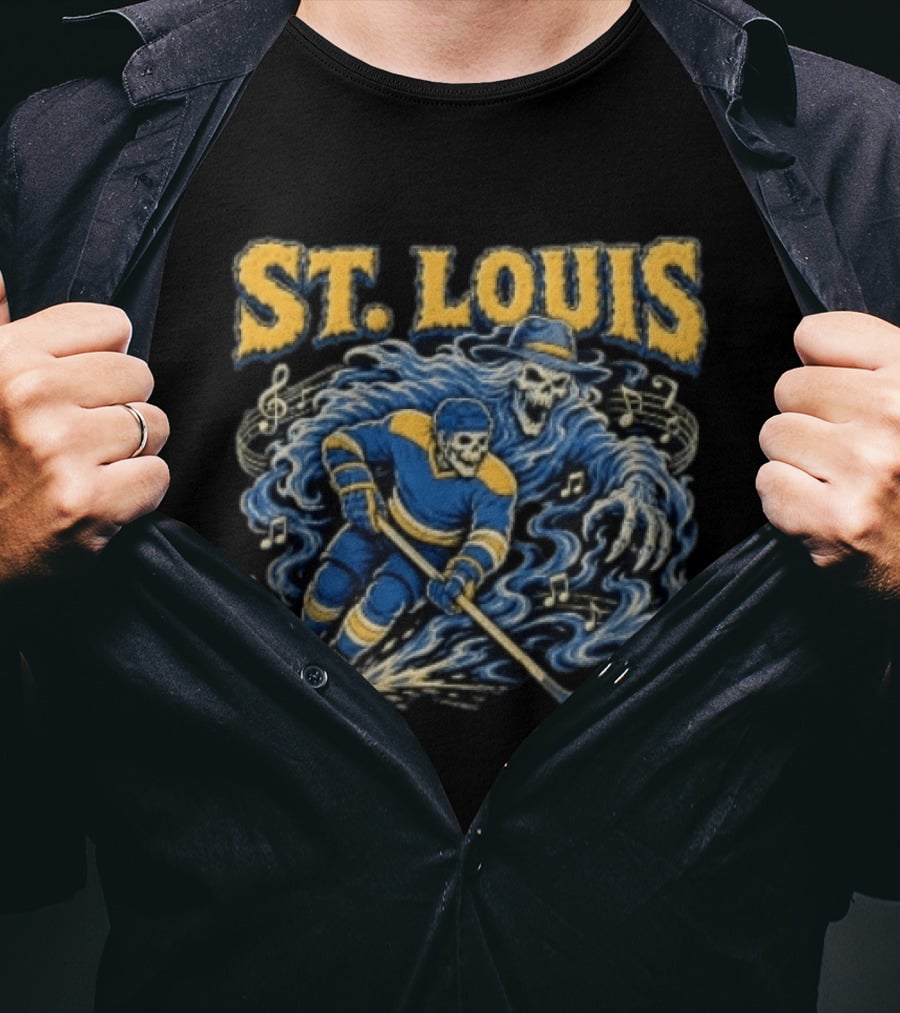 St. Louis Blues Hockey Skeleton Player With Music Notes And Ghostly Figure T-Shirt