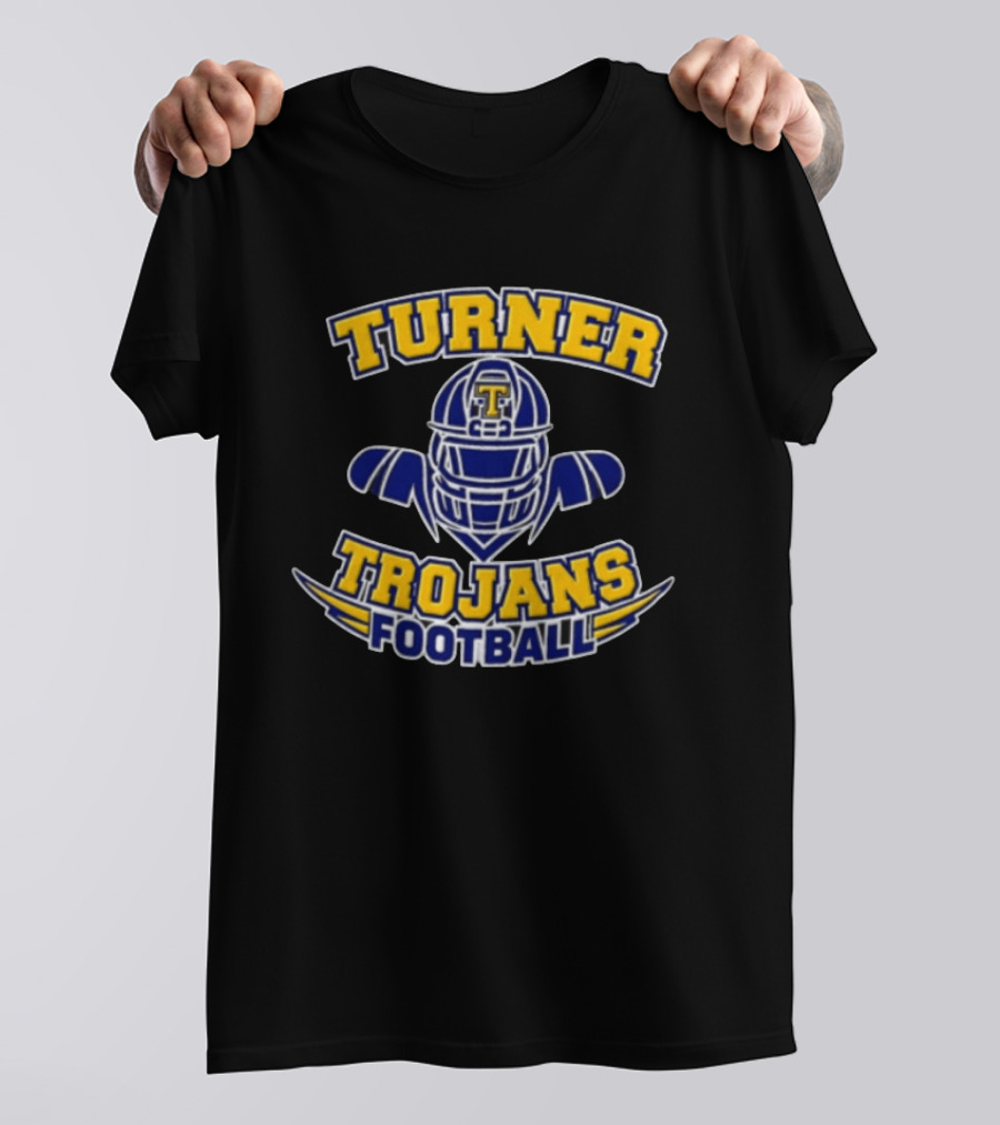 Turner Trojans Football Yellow Navy Helmet Shoulder Pads Gridiron T-Shirt