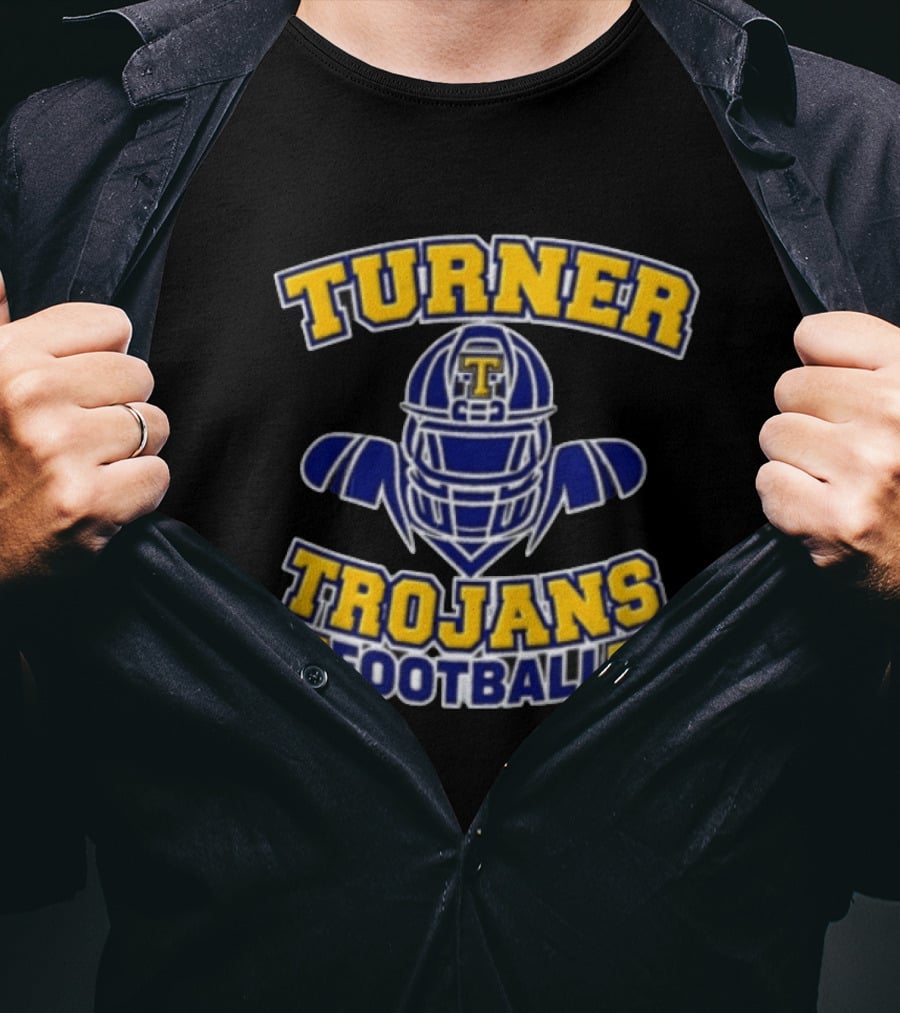 Turner Trojans Football Yellow Navy Helmet Shoulder Pads Gridiron T-Shirt