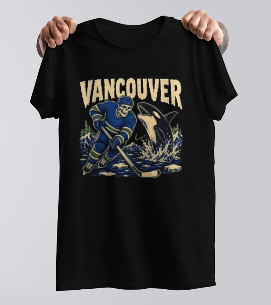 Vancouver Canucks Hockey Skeleton Player With Orca T-Shirt