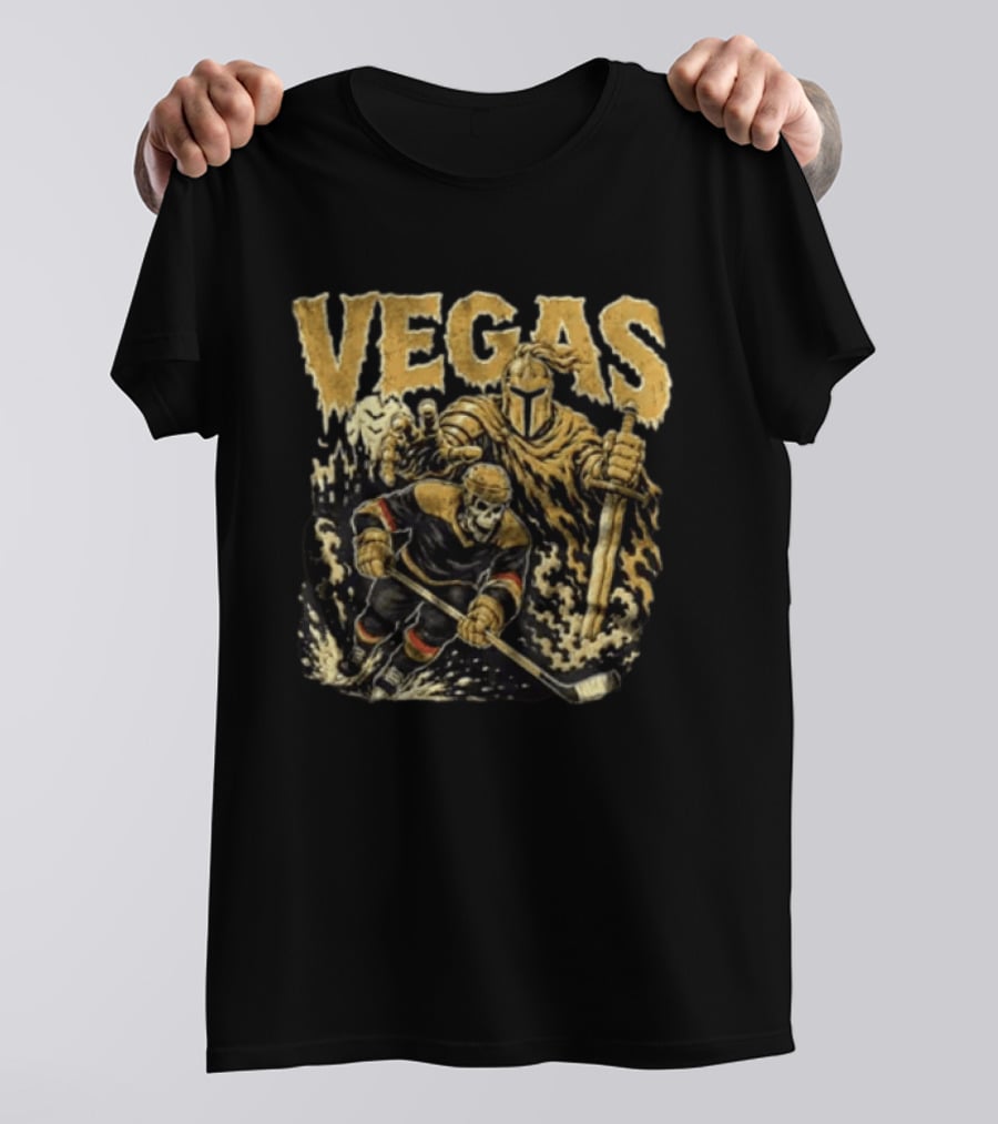 Vegas Golden Knights Skeleton Hockey Player With Knight And Sword T-Shirt