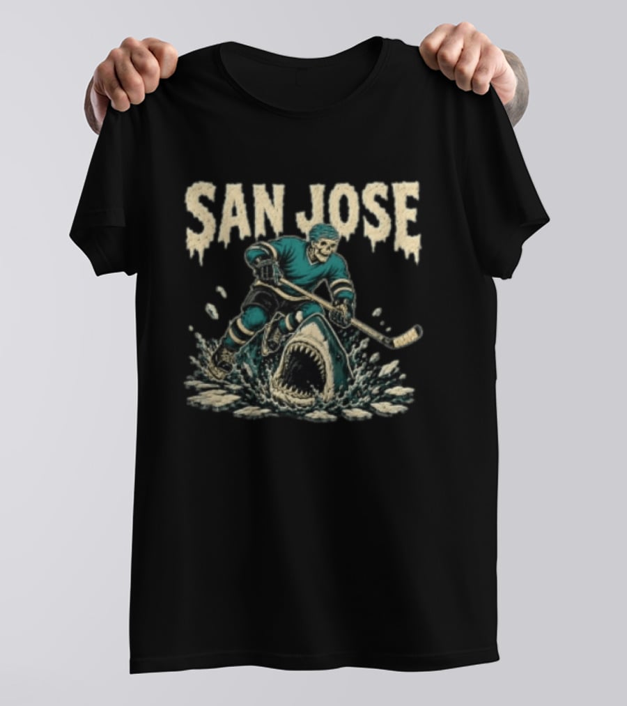 San Jose Sharks Skeleton Hockey Player Riding Shark T-Shirt