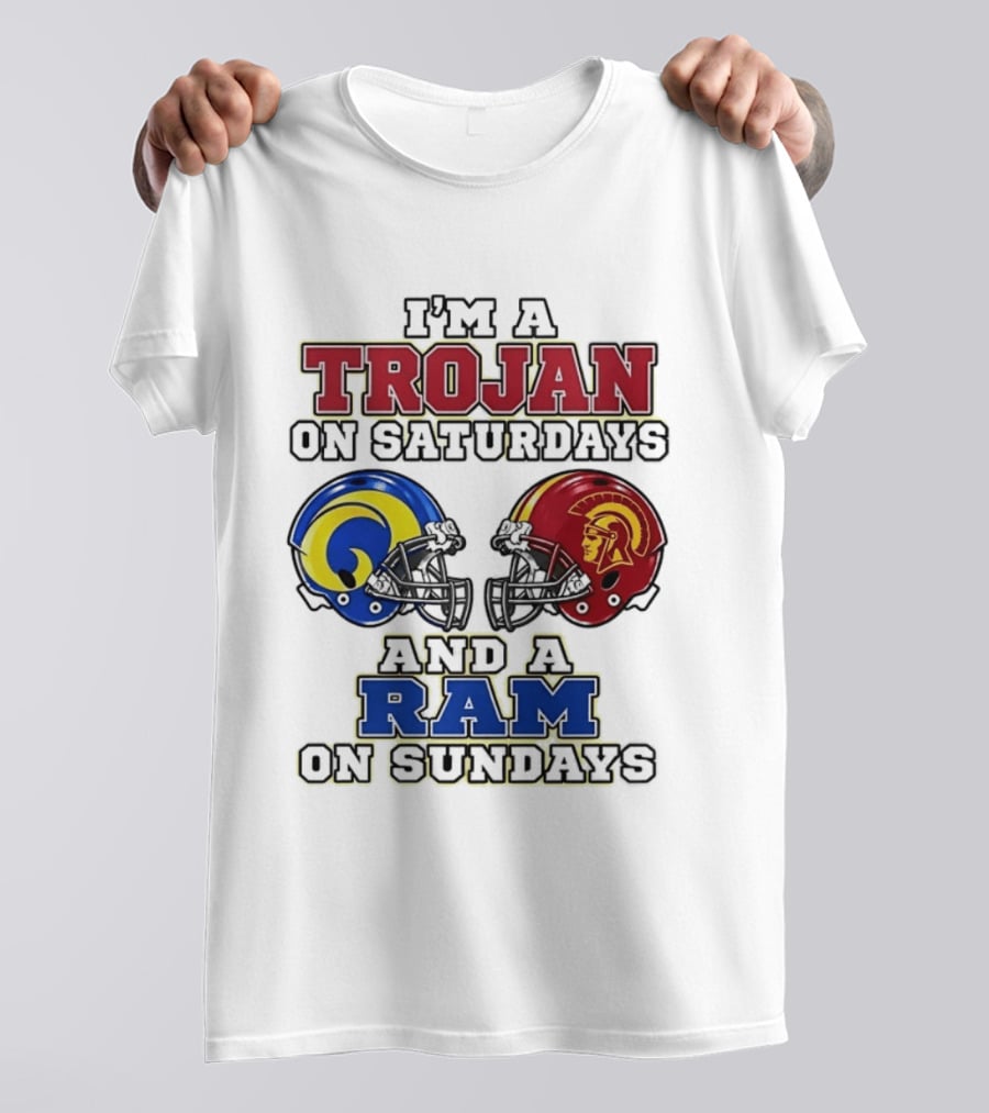 Trojan On Saturdays USC And Ram On Sundays Football Fan Helmet T-Shirt
