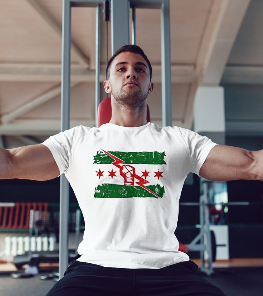 Chicago Flag Symbol Red Fist Lightning Bolt Green Distressed T-Shirt