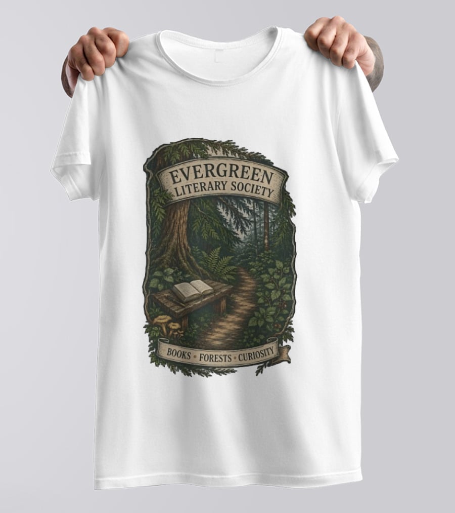 Evergreen Literary Society Books Forests Curiosity Pathway Through Trees T-Shirt