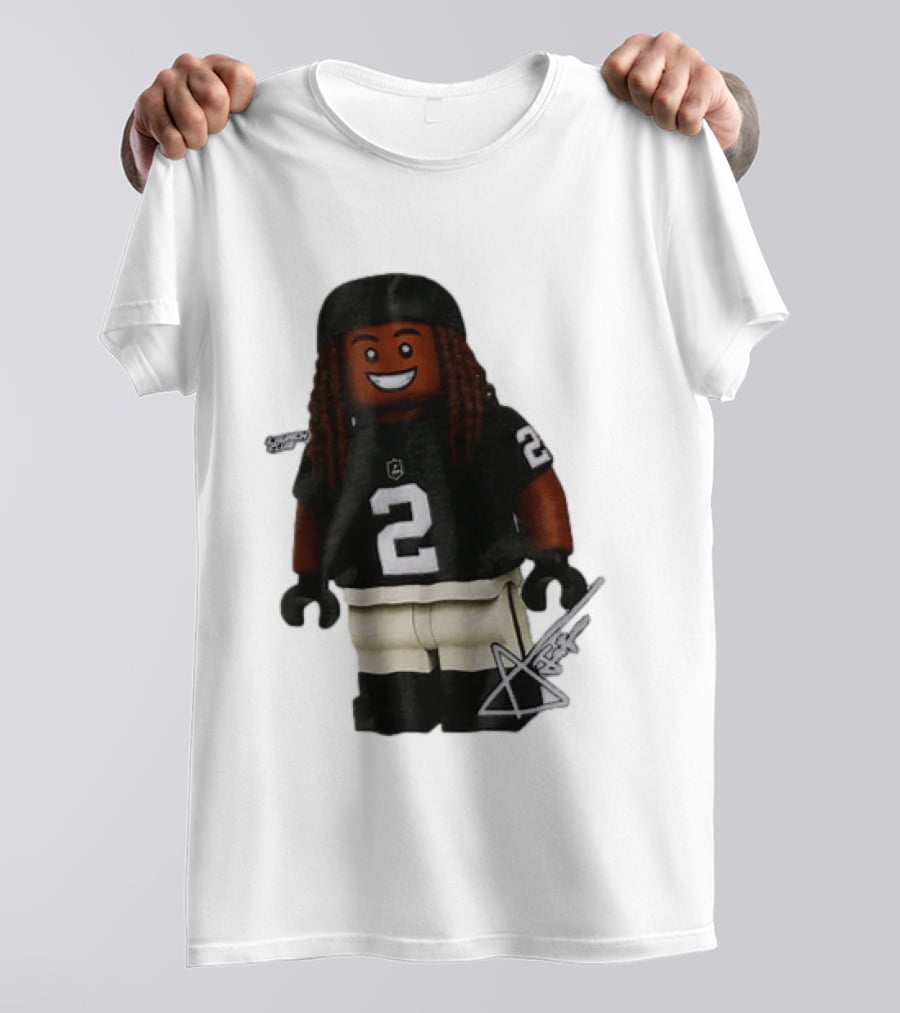 Las Vegas Raiders Running Back Ashton Jeanty 2 Lego Minifigure With Football Helmet T-Shirt