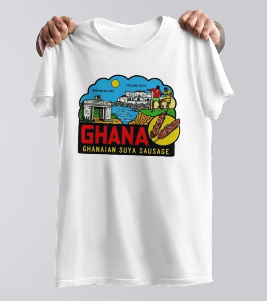Ghana Cape Coast Castle Independence Arch Ghanaian Suya Sausage Soccer Scene T-Shirt