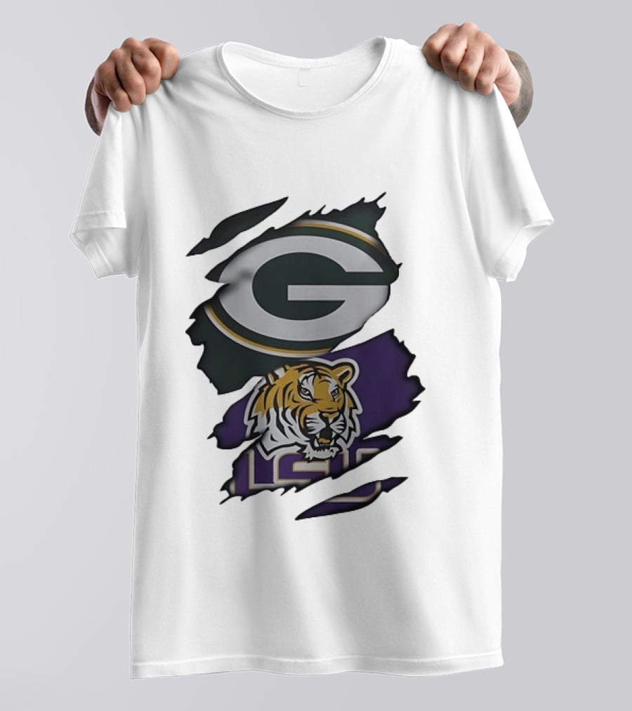 Green Bay Packers G Logo And LSU Tigers Purple And Gold Torn Fabric T-Shirt