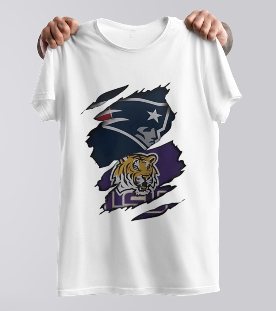 New England Patriots LSU Tigers Torn Fabric Tiger And Patriot Head Logos T-Shirt