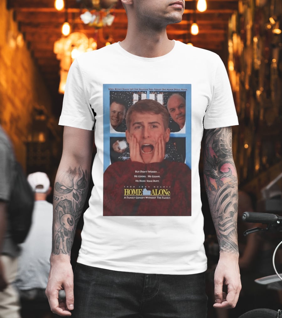 Home Alone But Don't Worry He Cooks He Cleans He Kicks Some Butt John Hughes Movie Kevin McCallister T-Shirt