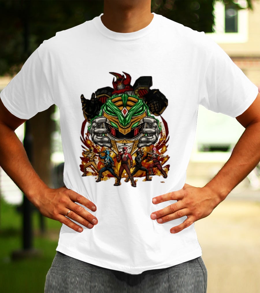 Mighty Morphin Power Rangers Green Ranger Dragonzord Helmet And Team Pose T-Shirt