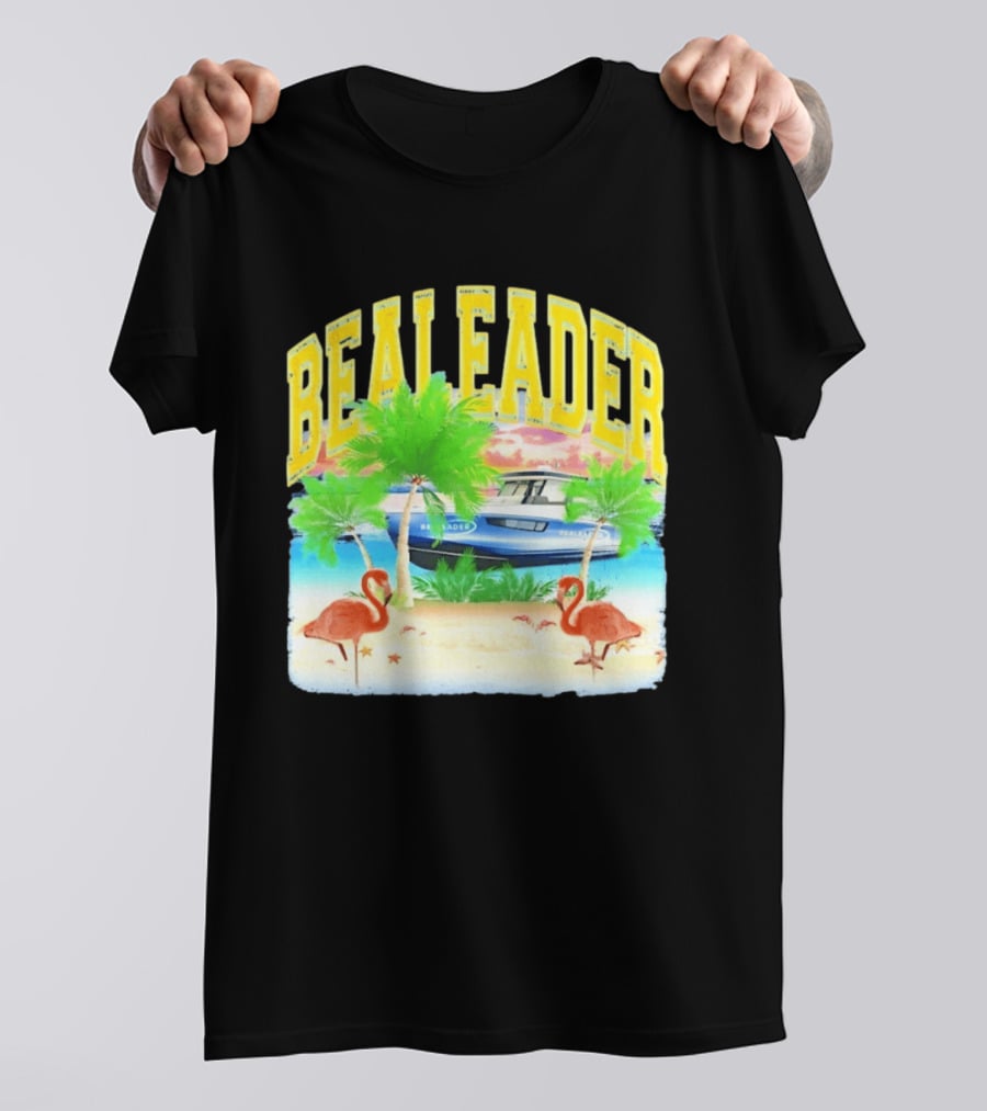Bealeader Tropical Beach Scene With Palm Trees, Boat, And Flamingos T-Shirt