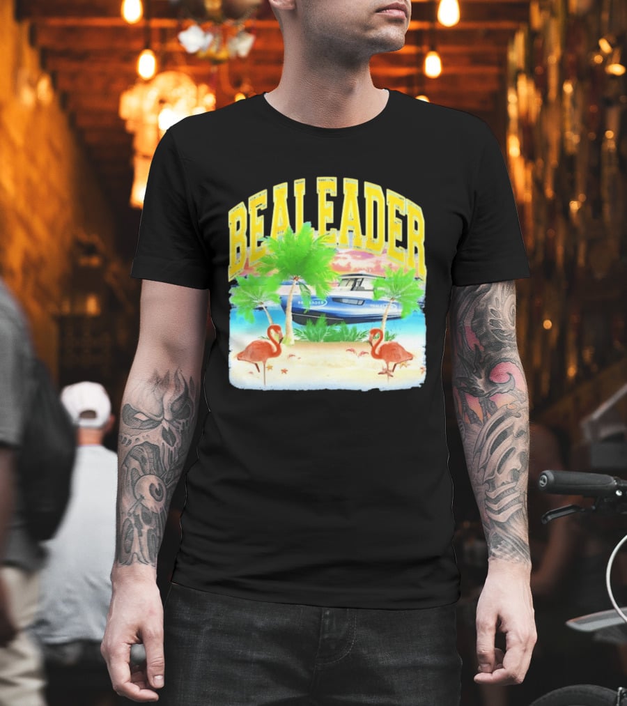 Bealeader Tropical Beach Scene With Palm Trees, Boat, And Flamingos T-Shirt