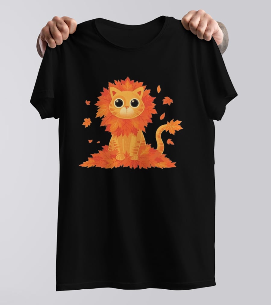 Cat With Autumn Leaves Mane Fall Lion Cozy Cute Kitty T-Shirt
