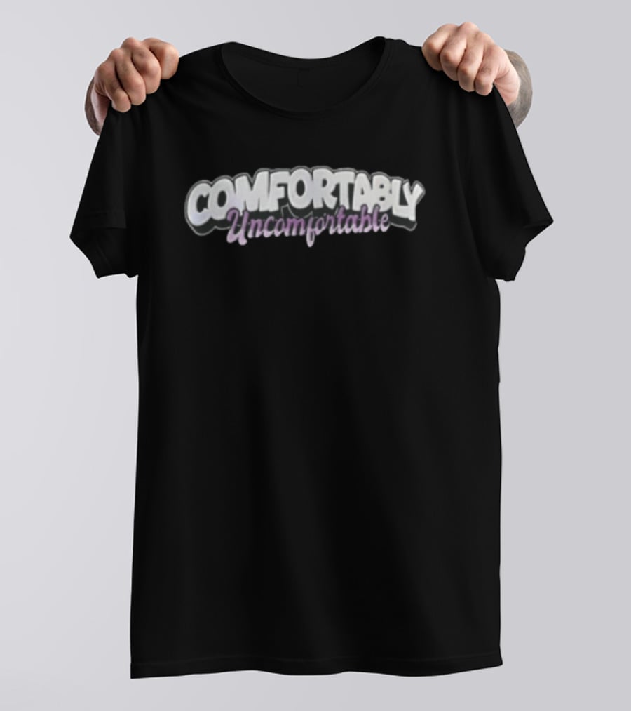 Comfortably Uncomfortable White Bubble Purple Cursive Script T-Shirt