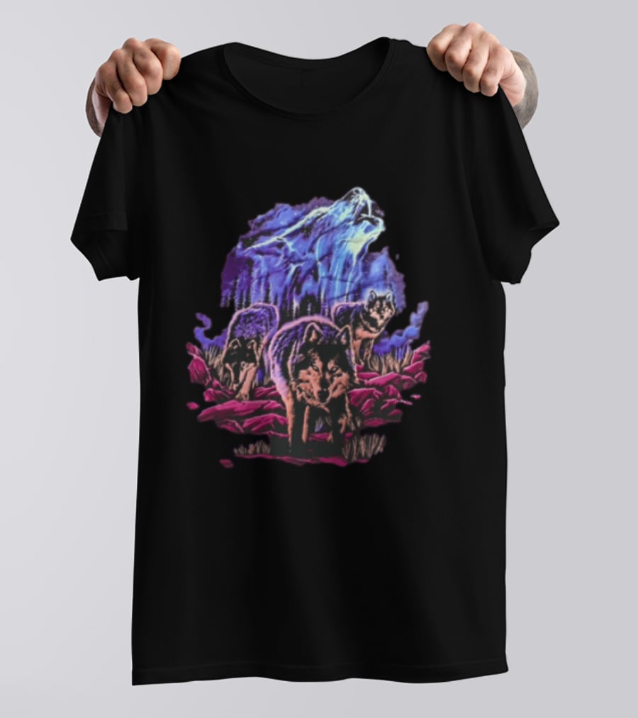 Odm San Diego 2000 Three Wolves Howling Celestial Northern Lights Woods T-Shirt